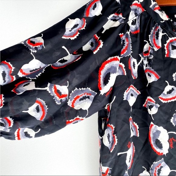 Milly Silk Floral Poppy Print Puff Sleeve Black Red Button Down Blouse Shirt Top - Picture 3 of 8